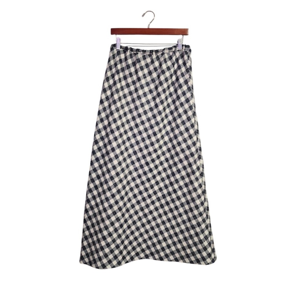BEVERLY PAIGE 70's Vtg Plaid Maxi Skirt Silk Blend Navy White Gingham Retro Prep